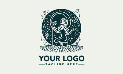 Vintage microphone illustration with musical notes and expressive hand gesture in decorative circular frame. Music concept
