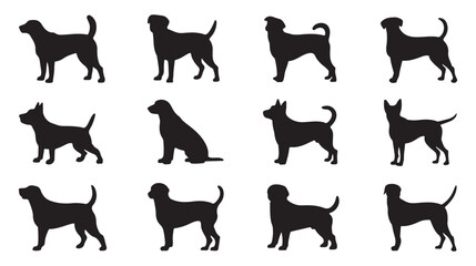 Set of Silhouettes of Different Dog Breeds in Various Poses, Perfect for Animal, Pet, and Dog-Related Designs. Clean and Simple Illustrations Ideal for Pet Industry and Animal Lovers.