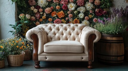 A classic single armchair with dark wood arms, placed in front of a vintage-style floral wall design 