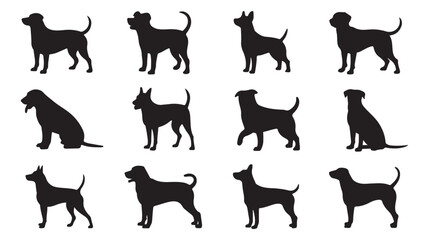 Set of Silhouettes of Different Dog Breeds in Various Poses, Perfect for Animal, Pet, and Dog-Related Designs. Clean and Simple Illustrations Ideal for Pet Industry and Animal Lovers.