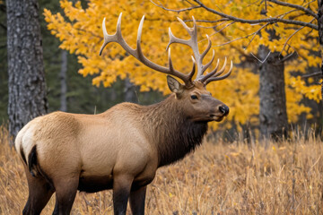 Obraz premium A large elk stands alone in a dense forest