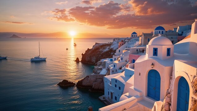 Sunset over a picturesque Santorini with whitewashed buildings and blue-domed churches. Boats gently sail on the calm sea. Warm, golden light bathes the scene in a tranquil glow.