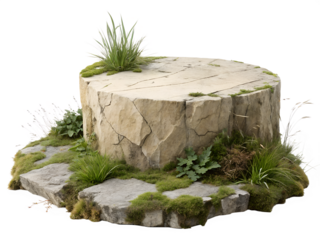 Natural Stone Pedestal with Moss, Grass, and Rock Texture on White Background. Perfect for Eco-Themed Product Display, Fantasy Scenes, or Nature Branding. 3D Render with Organic Elements.