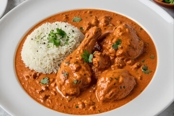 Fototapeta premium A platter of rice and meat topped with sauce, great for food photography or meal inspiration