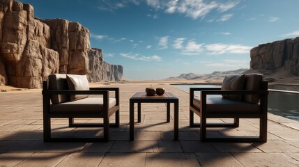 Tranquil desert setting with sleek furniture and minimalist style, rocky cliffs in the distance under a meditative sky.