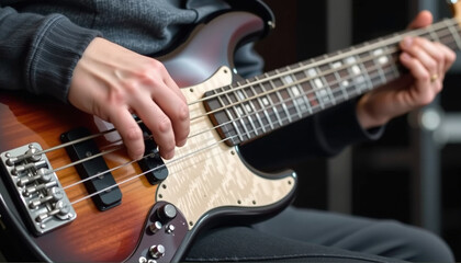 Fototapeta premium Musician plays fretless bass guitar, showcasing skillful finger techniques and beautiful wood finish. atmosphere is filled with creativity