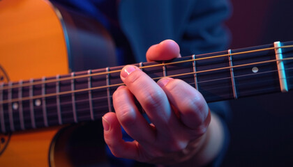 Close up of person hand playing guitar, showcasing fingers pressing down strings. warm tones of guitar contrast with cool background lighting