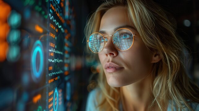 A professional businesswoman with glasses intently analyzing complex data on a futuristic digital interface with glowing charts.