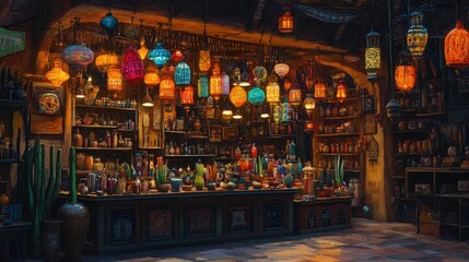 A vibrant shop filled with colorful lamps and exotic goods