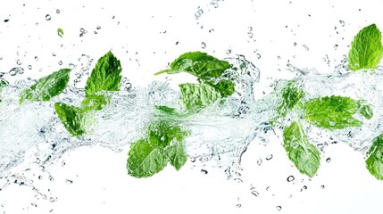 Fresh mint leaves splashing in clear water on a white background