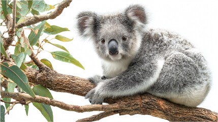 Obraz premium Majestic Koala Perched Eucalyptus Tree Branch White Background