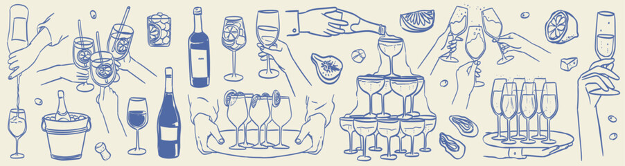 La dolce vita italian style. Hand drawn ink line wine, aperol spritz cocktail or champagne pyramid drawings. Sketch style bar or party Illustrations for wedding invitations, cafe or restaurant menus.