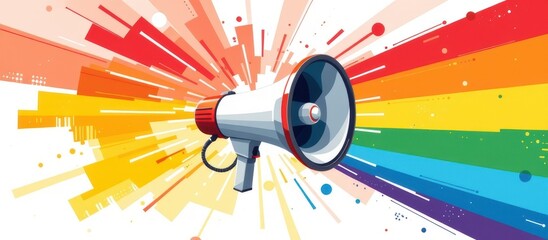 A colorful megaphone emits vibrant rainbow rays, symbolizing communication and expression.