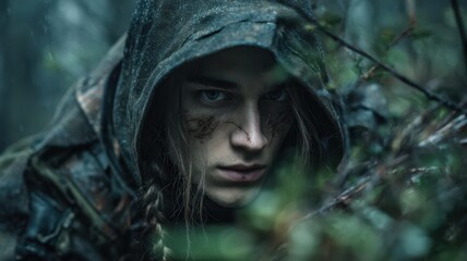 Close-up Portrait of a Male Elf Scout in a Forest with Long Hair and Intense Expression Amidst Rain