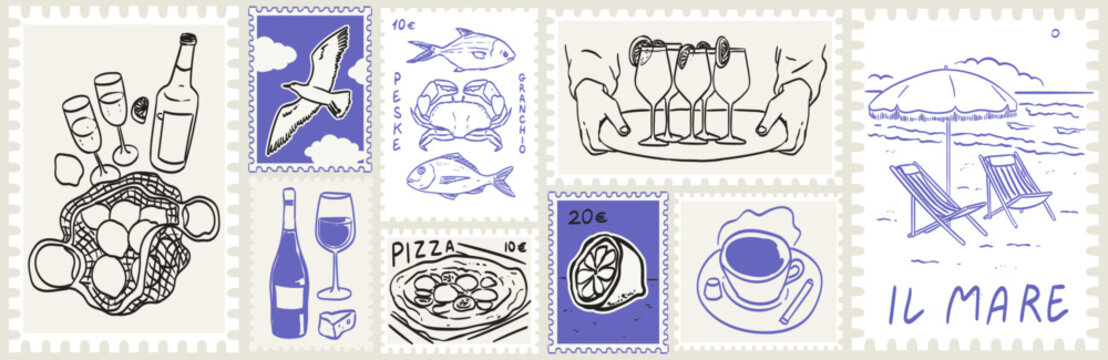Italian Amalfi summer vacation doodle illustrations. Vector ink hand drawn Italy coast sea and nature, lemons, wine and food elements, prints, postal stamps or invitation card, poster and placard.