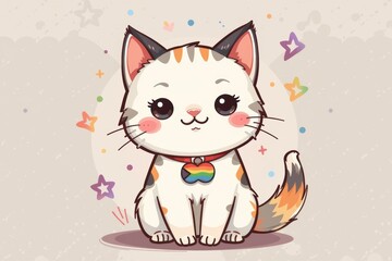Obraz premium Cute cartoon cat with a rainbow collar sits surrounded by colorful stars and confetti on a light background.