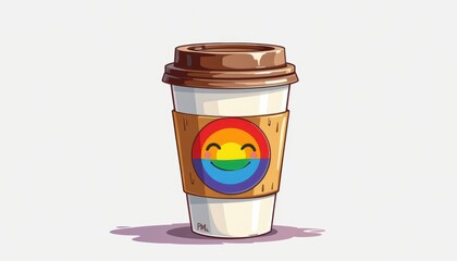 A takeaway coffee cup with a rainbow smiley face on the sleeve, symbolizing positivity and inclusivity.