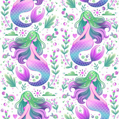Colorful Mermaid Pattern with Sea Life and Bubbles. Seamless Cartoon Mermaid Vector with Floral Ocean Elements