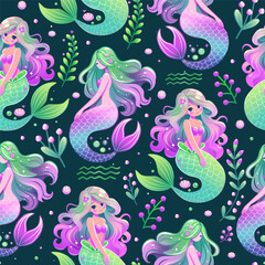 Seamless Vector Pattern with Cute Mermaids and Ocean Elements. Cute Mermaid Background for Kids and Fantasy Themes