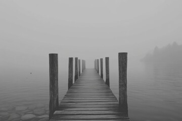 Obraz premium Serene monochrome view of a wooden pier stretching into a misty lake vanishing point perspective tranquil atmosphere