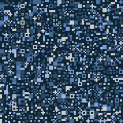 Dark blue background with a dense, scattered pattern of small, irregularly shaped pixels in various shades of blue and light gray, creating a digital camouflage or abstract mosaic effect.