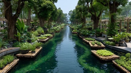 Floating organic vegetable gardens in peaceful village high resolution image