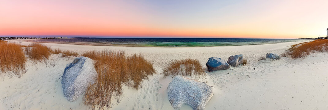 Serene sunset beachscape coastal panorama tranquil ocean view