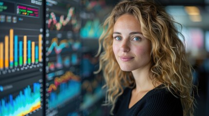 Portrait of a confident young businesswoman analyzing complex data charts on a large digital screen.