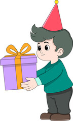 Cartoon Boy Carrying Birthday Present with Smile
