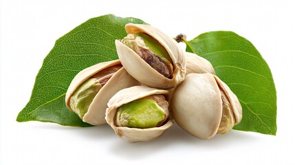Fresh Pistachios in Shell with Leaves Isolated on White Background