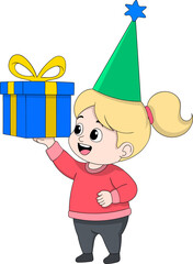 Happy Girl Carrying Her Birthday Gift with Joy