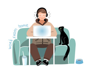 A man works with a laptop. Work from home                               