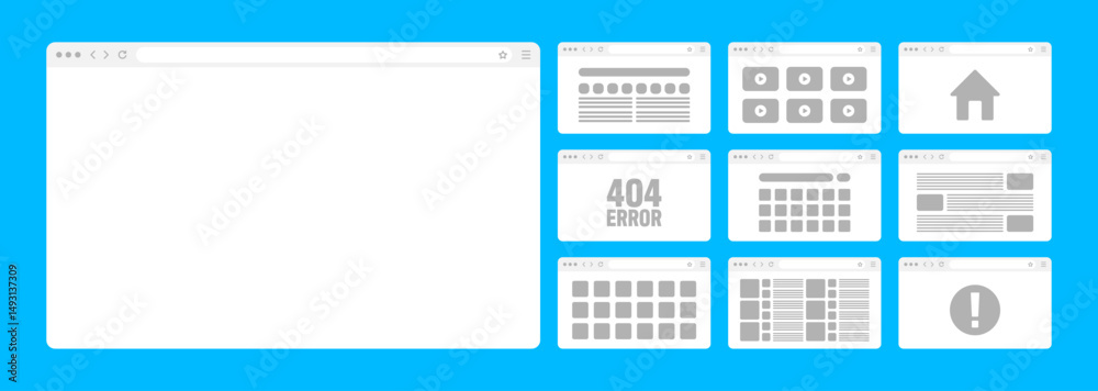 Fototapete Web browser window, pages layout with toolbar and search field. Modern website, internet page in flat style. Browser mockup for computer, tablet and smartphone. Adaptive UI. Vector illustration