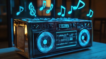 Fototapeta premium Retro boombox with glowing notes