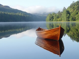 Obraz premium Serene wooden boat on tranquil lake reflecting trees and sky in Scotland at dawn in landscape view