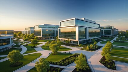 Fototapeta premium Modern office park at sunset. The contemporary architecture and landscaped grounds create a tranquil and productive atmosphere.