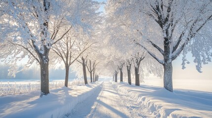 Serene snowy path lined with frost-covered trees in a winter wonderland landscape