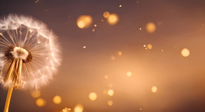 Fluffy dandelion seeds against a warm brown gradient background with soft bokeh light Copy space backdrop 4K