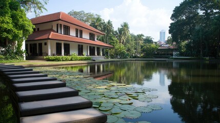 Fototapeta premium Tranquil house garden pond