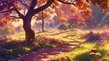 Autumnal Pathway Through a Colorful Forest