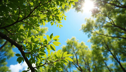 Fototapeta premium Sunlight Through Green Leaves - A Glimpse of Nature's Canopy