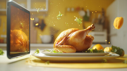 Cooking Vibrancy: Roasted Chicken with Fresh Ingredients on Tablet