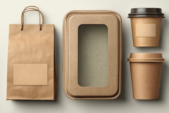 Eco-friendly mockup design of takeaway containers and bags minimalist setting for sustainable packaging concepts