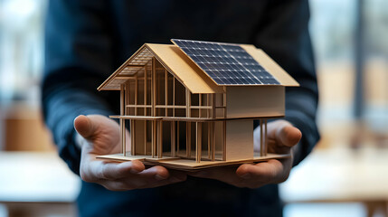Model house with solar panels held in hands in modern workspace
