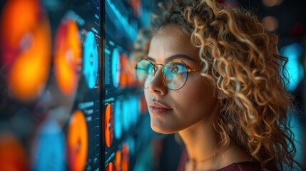 Professional businesswoman with glasses analyzing complex data on a large futuristic digital screen with glowing charts and graphs.