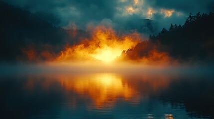 Naklejka premium Sunrise over misty lake, fiery clouds