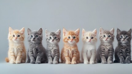 Six adorable kittens of various breeds sit in a neat row against a soft gray background showcasing their unique fur colors and cute expressions, perfect for pet-related projects