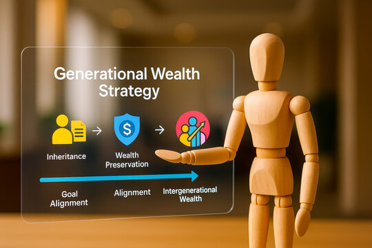 Wooden mannequin presents visual on strategy for generational wealth growth emphasizing management and wealth preservation