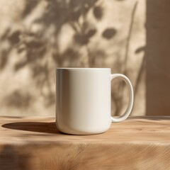 Fototapeta premium Mug mockup, White ceramic mug on wooden table with front-facing soft light and no shadow for cozy design display, Ai generate..