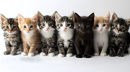 Six adorable kittens in a row display a variety of charming colors and unique markings posing against a clean white background showcasing their fluffy fur and captivating eyes